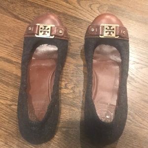 Tory Burch flats 6 1/2 Brown leathr w/grey flannel